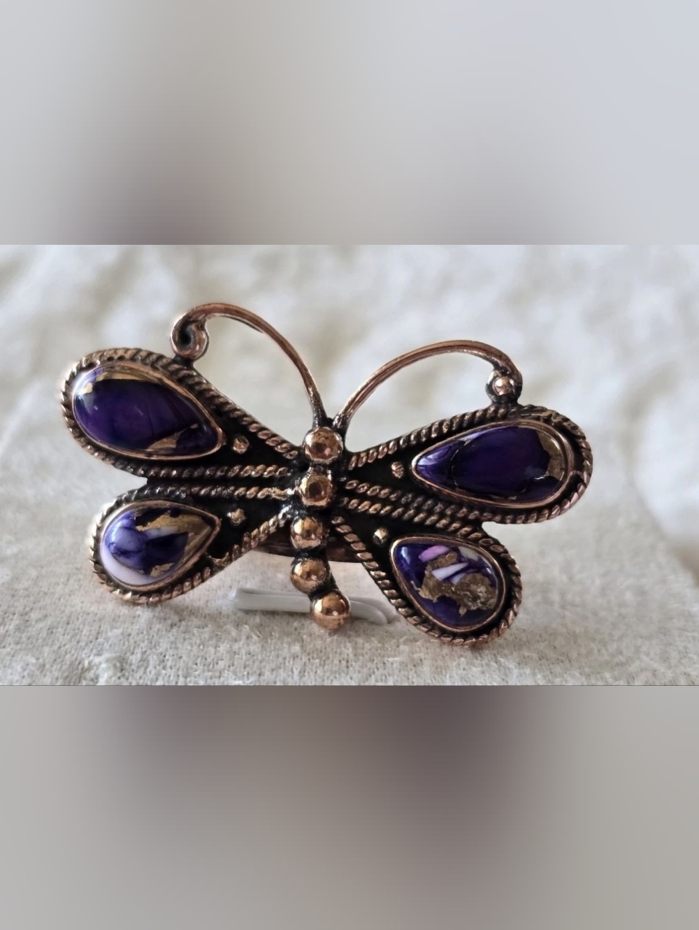 Purple Dahlia Turquoise Butterfly Ring In Copper, Southwestern